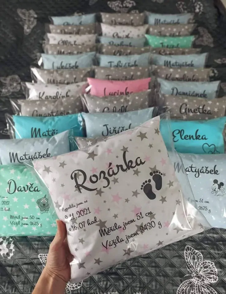 Polštářek s údaji narození+ obrázek (ruční potisk do vláken)